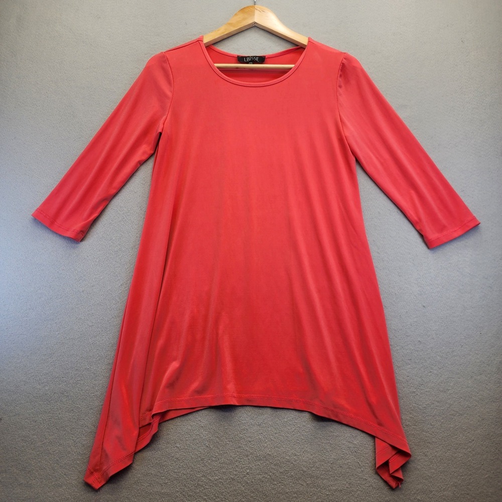 LBISSE Coral Sharkbite Hem Tunic Top S Womens 3/4 Sleeve Asymmetrical Blouse USA